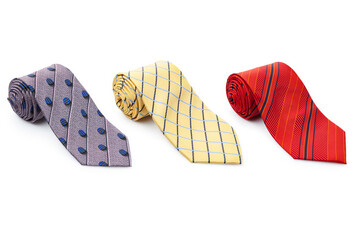 Set of men's ties of different colors on a white isolated background. Tie for a suit.