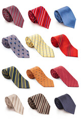 Set of men's ties of different colors on a white isolated background. Tie for a suit.