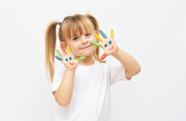 cheerful little girl with hands in paints isolated on white