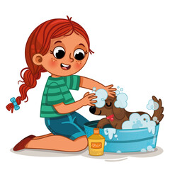 Vector illustration of teenage girl bathing her dog.