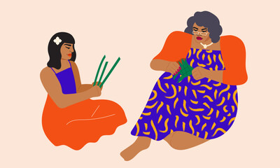 Obraz premium Illustration of grandmother and granddaughter weaving