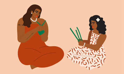 Illustration of sisters weaving together