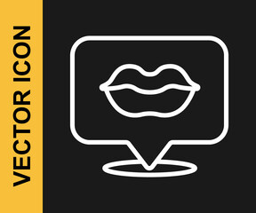White line Smiling lips icon isolated on black background. Smile symbol. Vector