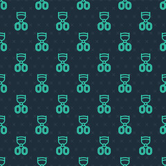 Green line Eyelash curler icon isolated seamless pattern on blue background. Makeup tool sign. Vector