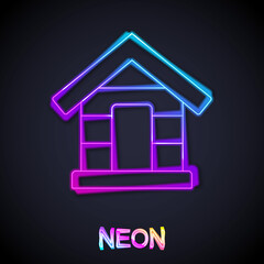 Glowing neon line Dog house icon isolated on black background. Dog kennel. Vector