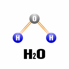 Water - chemical formula: H2O. Isolated over white background. H2O water molecule icon consisting of oxygen and hydrogen. Vector illustration