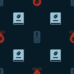 Set Location with coffee bean, Coffee thermometer and book on seamless pattern. Vector