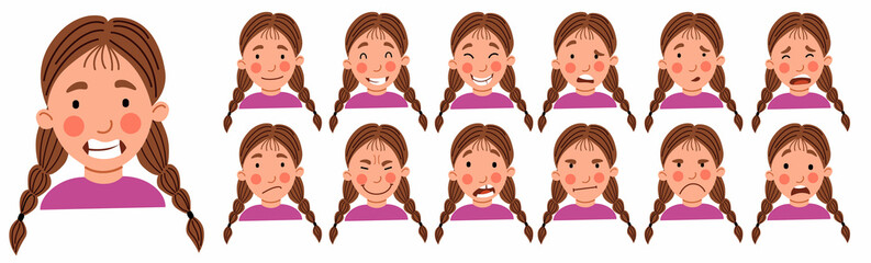 A set of female emotions. The expression on his face. the girl with pigtails is an Avatar . Vector illustration of a flat drawing on a white isolated background.
