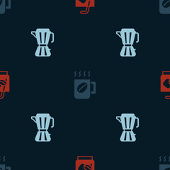 Set Espresso tonic coffee, Coffee cup and maker moca pot on seamless pattern. Vector