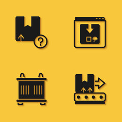 Set Carton cardboard box, Conveyor belt with, Container and Online app delivery tracking icon with long shadow. Vector