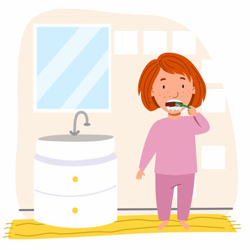 a European girl with red hair in pajamas is brushing her teeth in the bathroom. Children are hygiene. A child with a toothbrush. Vector illustration in a flat style.