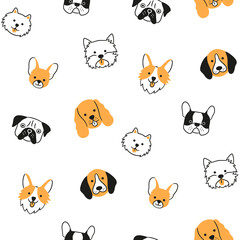 Seamless pattern with faces of different breeds dogs. Corgi, Pug, Chihuahua, Terrier, Pomeranian, Spaniel. Texture with dog heads. Hand drawn vector illustration in doodle style on white background