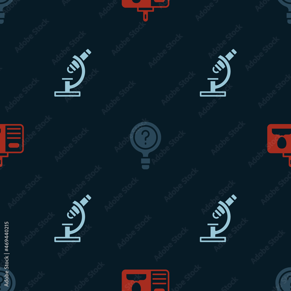 Poster set identification badge, unknown search and microscope on seamless pattern. vector