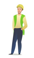 Man builder in vest and protective helmet. Guy worker. Cheerful person. Standing pose. Cartoon comic style flat design. Single character. Illustration isolated on white background. Vector