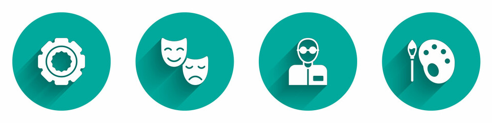 Set Gear, Comedy and tragedy masks, Teacher and Paint brush with palette icon with long shadow. Vector