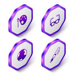 Set Isometric Paint brush with palette, Glasses, Earth globe and Fountain pen nib icon. Purple hexagon button. Vector