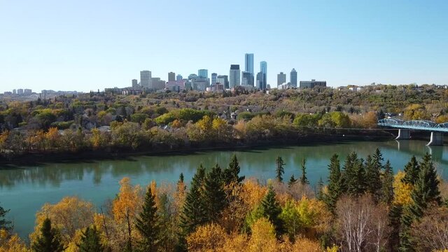 Edmonton, Alberta skyline on a bright autumn day. Aerial