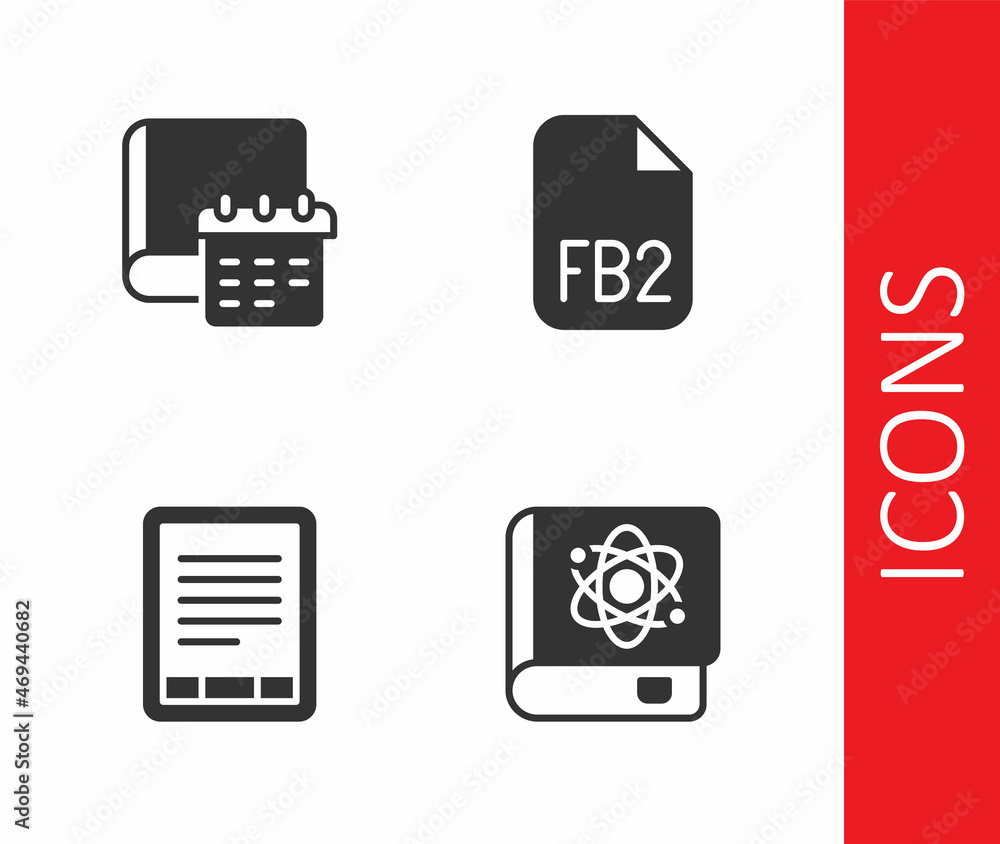 Aufkleber set book about physics, daily paper notepad, e-book reader and fb2 file icon. vector
