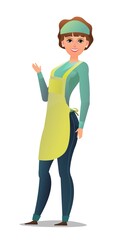 Woman craftsman or artist. Girl in apron. Master in workwear. Cheerful person. Standing pose. Cartoon comic style flat design. Single character. Illustration isolated on white background. Vector