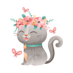 Cute Grey Cat with Flower Wreath on Its Head Sitting with Flying Butterfly Vector Illustration
