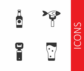 Set Glass of beer, Beer bottle, Bottle opener and Dried fish icon. Vector
