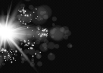 Yellow glowing light explodes on a transparent background. Sparkling magical dust particles. Bright Star. Transparent shining sun, bright flash. Vector sparkles. To center a bright flash.