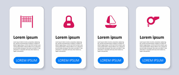 Set Whistle, Yacht sailboat, Weight and Volleyball net. Business infographic template. Vector