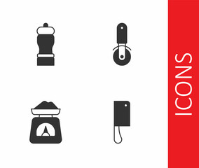 Set Meat chopper, Pepper, Scales and Pizza knife icon. Vector