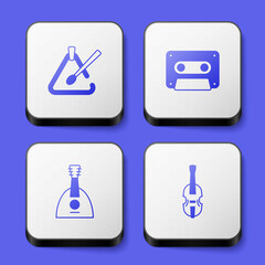 Set Triangle musical instrument, Retro audio cassette tape, Balalaika and Violin icon. White square button. Vector