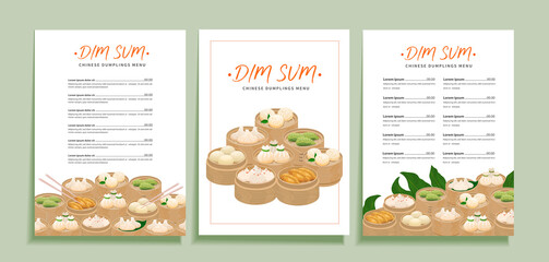 Dim sum dumplings menu template set for chinese cuisine restaurant. Vector design of menu layout with illustrations of asian traditional dumplings dimsum momo, baozi with space for text and price.