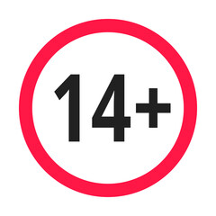 Over 14 years old plus forbidden round icon sign vector illustration. 14 plus only or older persons adult content rating isolated on white background.