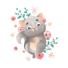 Cute Grey Cat with Flowers Sitting and Smiling Vector Illustration
