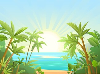 Fototapeta na wymiar Sea beach. Summer seascape. Far away is the ocean horizon. Calm weather. View from rainforest jungle. Flat style illustration. Vector.