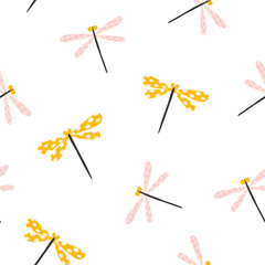 Dragonfly seamless pattern. Cute doodle hand drawn insects in trendy pastel colors. Sweet funny scandinavian dragonflies for kids textile. Delicate and trendy design.