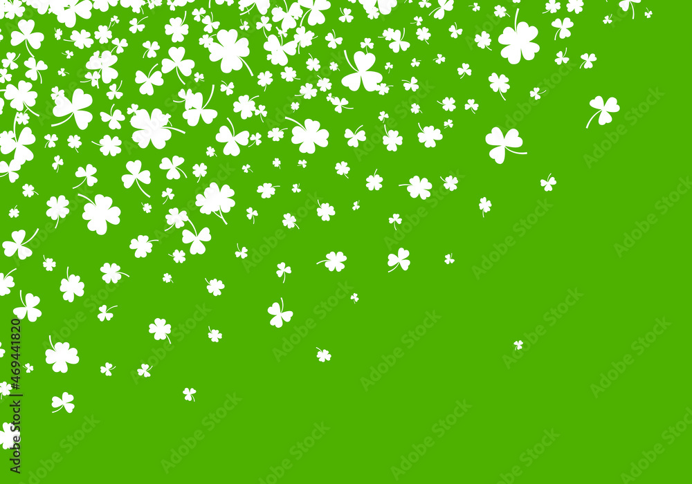 Poster shamrock or white clover leaves pattern background flat design vector illustration isolated on green