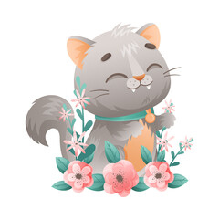 Cute Grey Cat with Neck Collar Sitting in Flowers and Smiling Vector Illustration