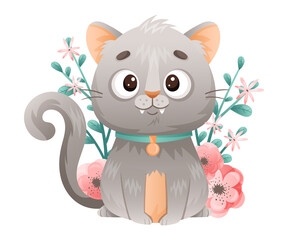 Cute Grey Cat with Neck Collar Sitting in Flowers and Smiling Vector Illustration