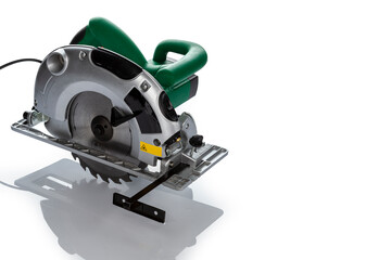 Professional tool electric circular saw isolated on white background. Electric hand tools.