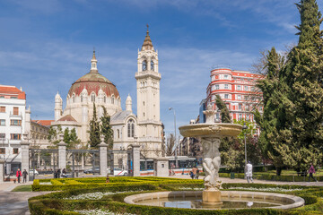 Church of San Manuel and San Benito. Madrid. Spain. View from the Retiro Park with one of its fountains in the foreground. Built between 1902 and 1910 in Neo-Byzantine style.