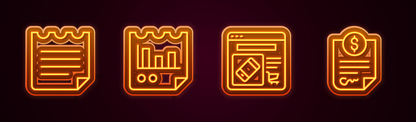 Set line Notebook, Document with graph chart, Online shopping on screen and Contract money. Glowing neon icon. Vector