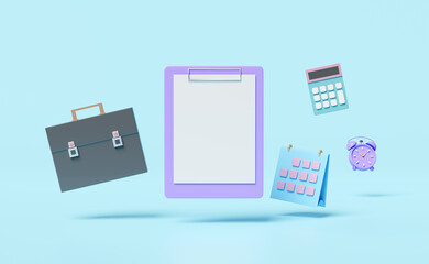 empty checklist,mockup purple clipboard with briefcase,calculator,calculator  isolated on blue background. concept 3d illustration or 3d render