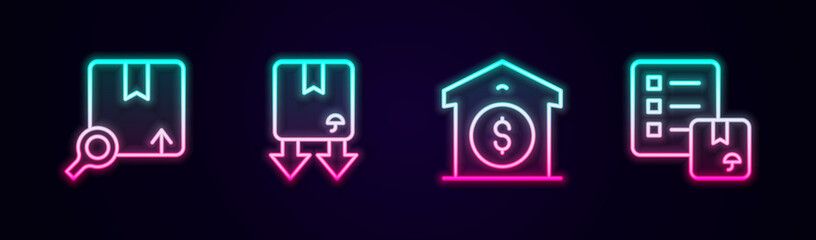 Set line Search package, Cardboard box with traffic symbol, Warehouse price and Verification of delivery list. Glowing neon icon. Vector