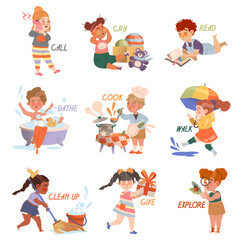 Cute kids doing different activities set. Verbs expressing action cartoon vector illustration