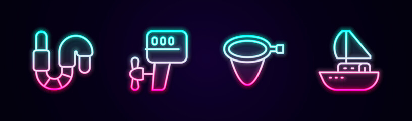 Set line Worm, Outboard boat motor, Fishing net and Yacht sailboat. Glowing neon icon. Vector