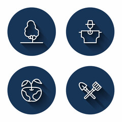 Set line Fruit tree, Scarecrow, Apple and Shovel and rake with long shadow. Blue circle button. Vector