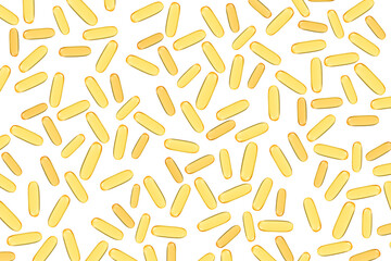 Fish oil in gelatin capsules isolate. Omega vitamins in golden colored pills on a blank white background. Medicine, pharmacy, drugs and multivitamins oils concept