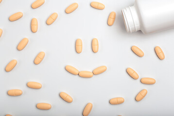 Pharmacy market drugstore concept. Antidepressants, pills and vitamins with a jar on a blank minimal background. Medicines, antibiotics, dietary supplements, multivitamins concept.