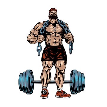 muscular bodybuilder with chain and barbell, vector, logo, cartoon, mascot, character