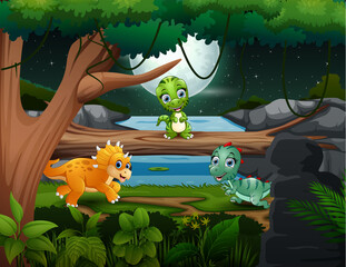 Naklejka premium Cartoon three little dinosaur playing at night