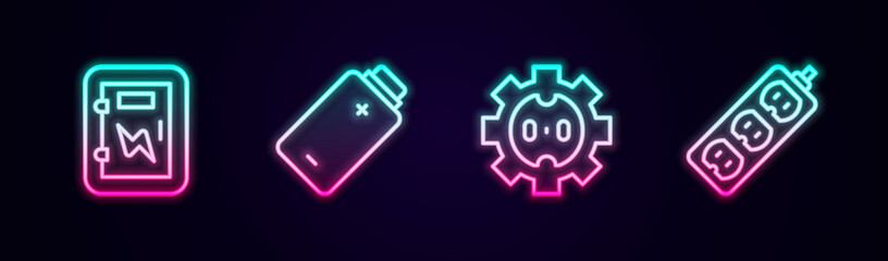 Set line Electrical panel, Battery charge, outlet and extension. Glowing neon icon. Vector